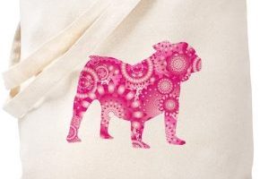 Bolso de lona beige con silueta bulldog ingles rosa