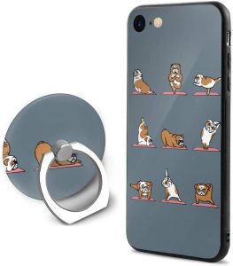 Carcasa para movil con vidrio templado y anillo para iPhone 7-8 bulldog ingles yoga